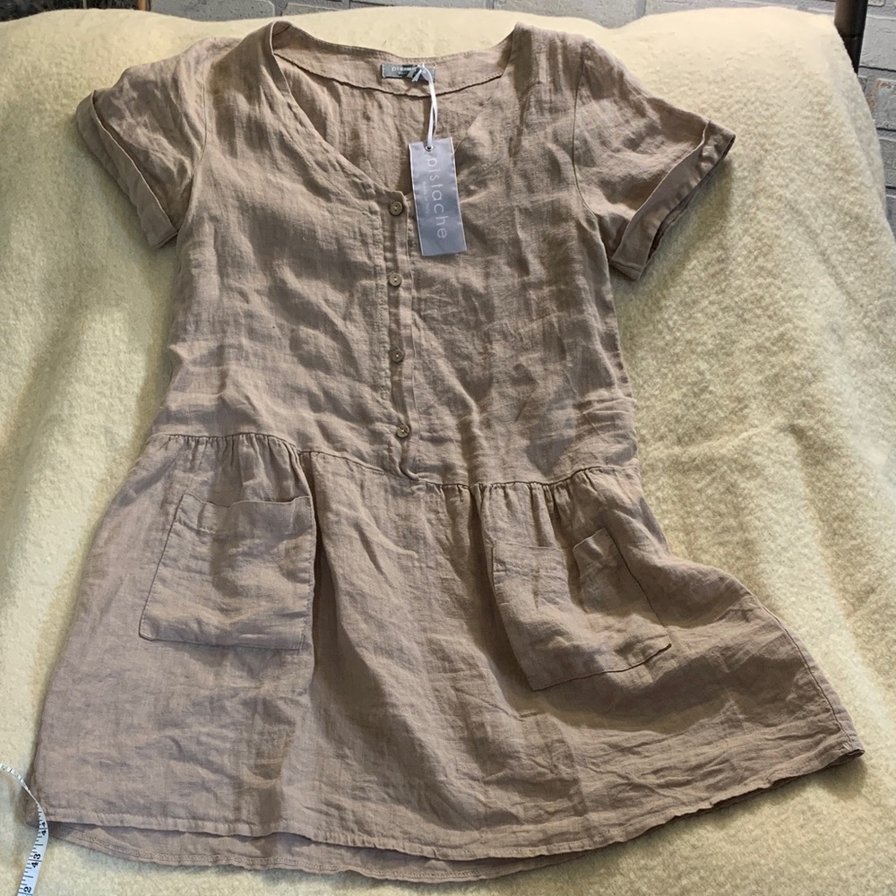 Linen Short-Sleeve Tunic Dress in Light Taupe